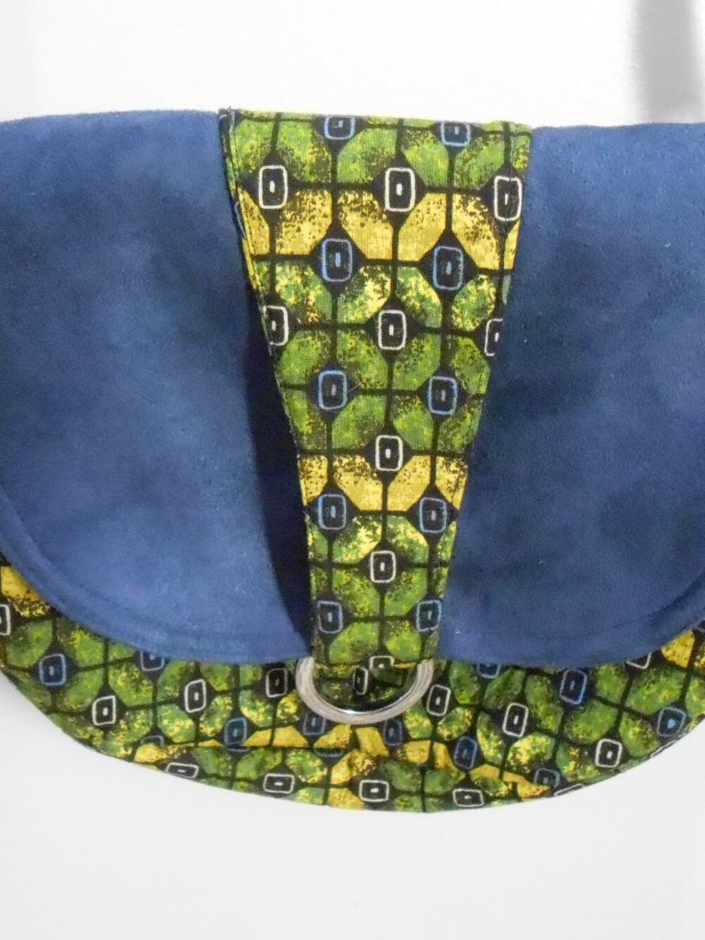 Green Blue Yellow Pattern Cotton & Blue Faux Suede Crossbody Purse Snap Closure